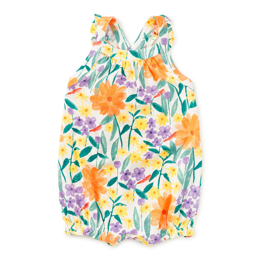 Floral-patterned bubble with criss-cross straps