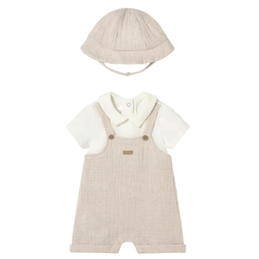 Baby outfit set with beige romper, shirt, and hat 