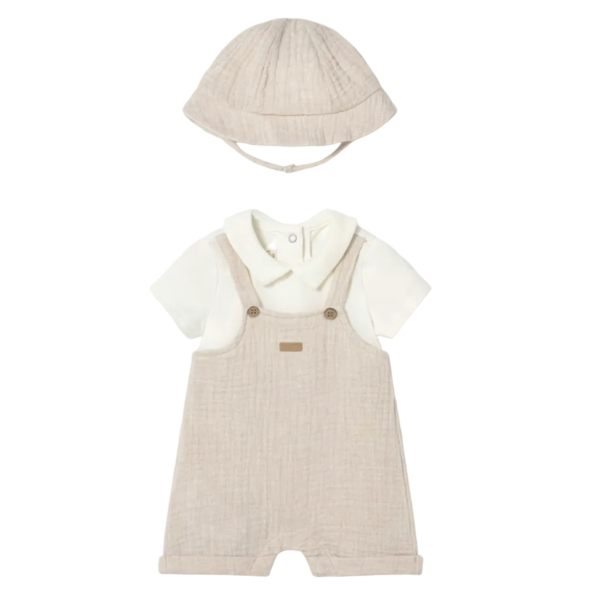 Baby outfit set with beige romper, shirt, and hat 