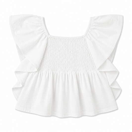 White blouse with ruffled sleeves and bottom on a white background