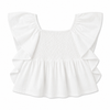 White blouse with ruffled sleeves and bottom on a white background