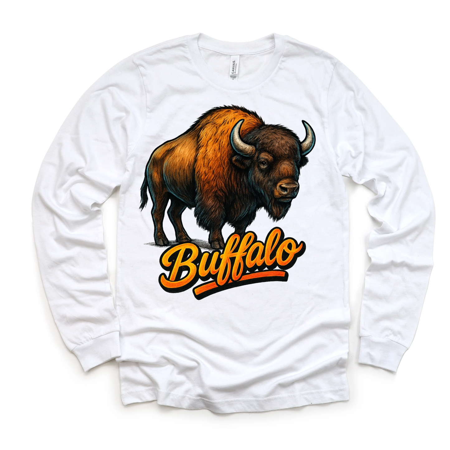 White long-sleeve shirt with a graphic of a buffalo and the word 'Buffalo' on a white background