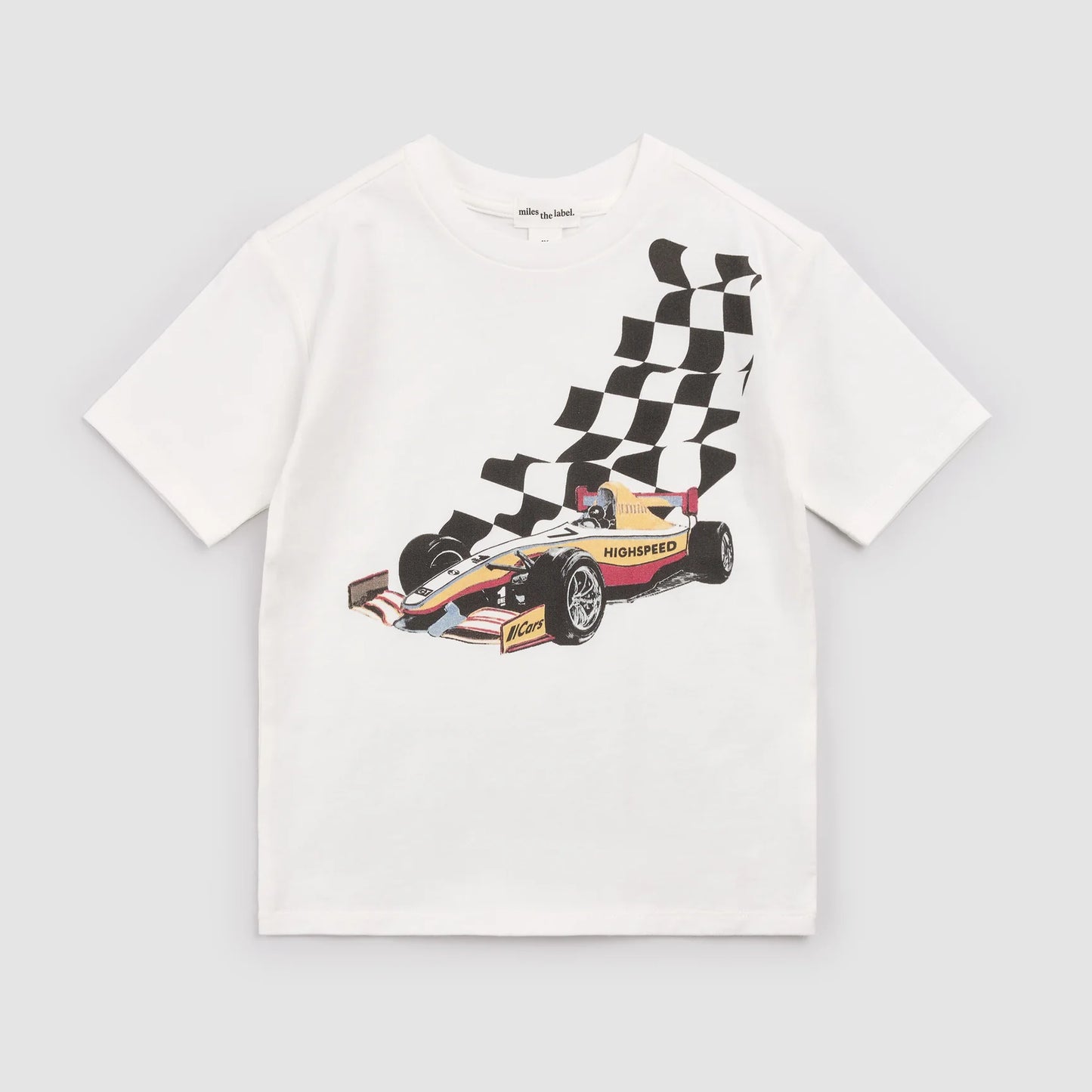 White t-shirt with a racing car and checkered flag design on a light gray background