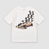 White t-shirt with a racing car and checkered flag design on a light gray background