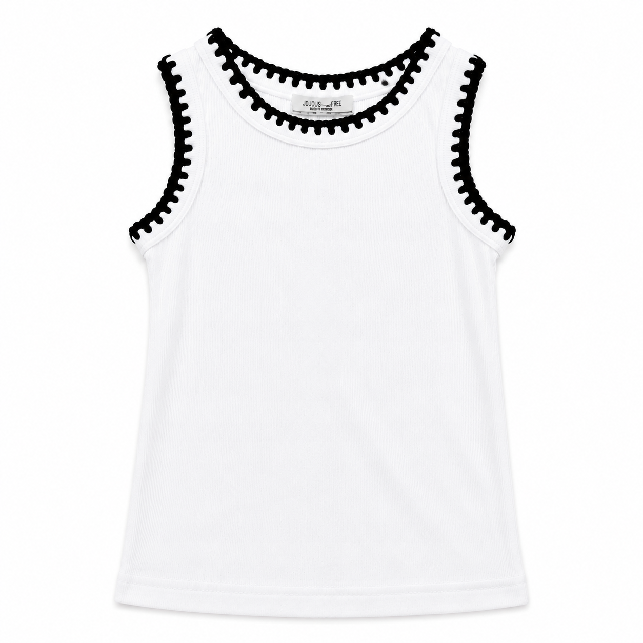 White tank top with black trim on a white background