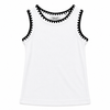 White tank top with black trim on a white background