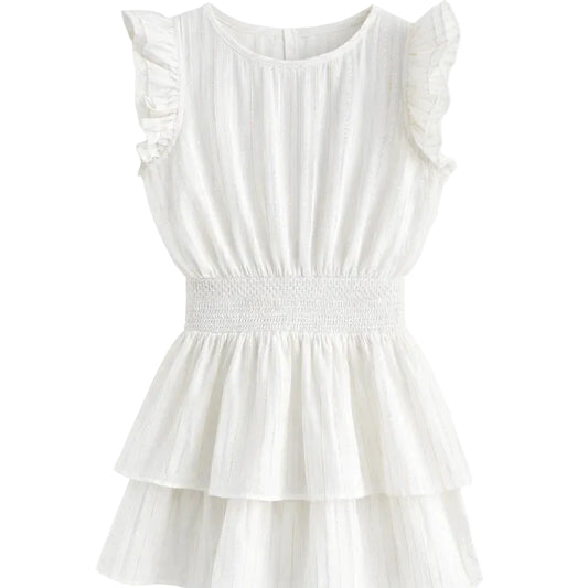 White ruffle sleeve smocked waist tiered dress
