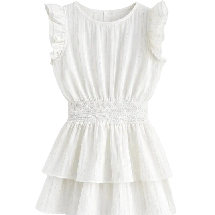 White ruffle sleeve smocked waist tiered dress