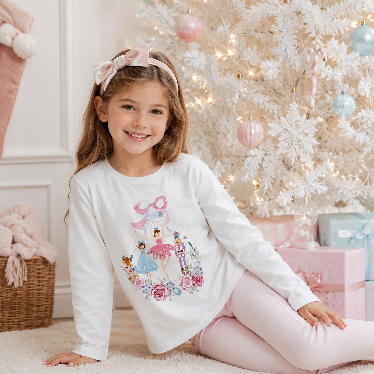 Young girl in a white long sleeve with nutcracker theme graphic in pastel colors