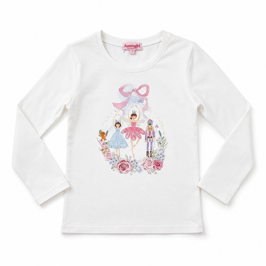 White long sleeve with Nutcracker theme graphic in pastel colors