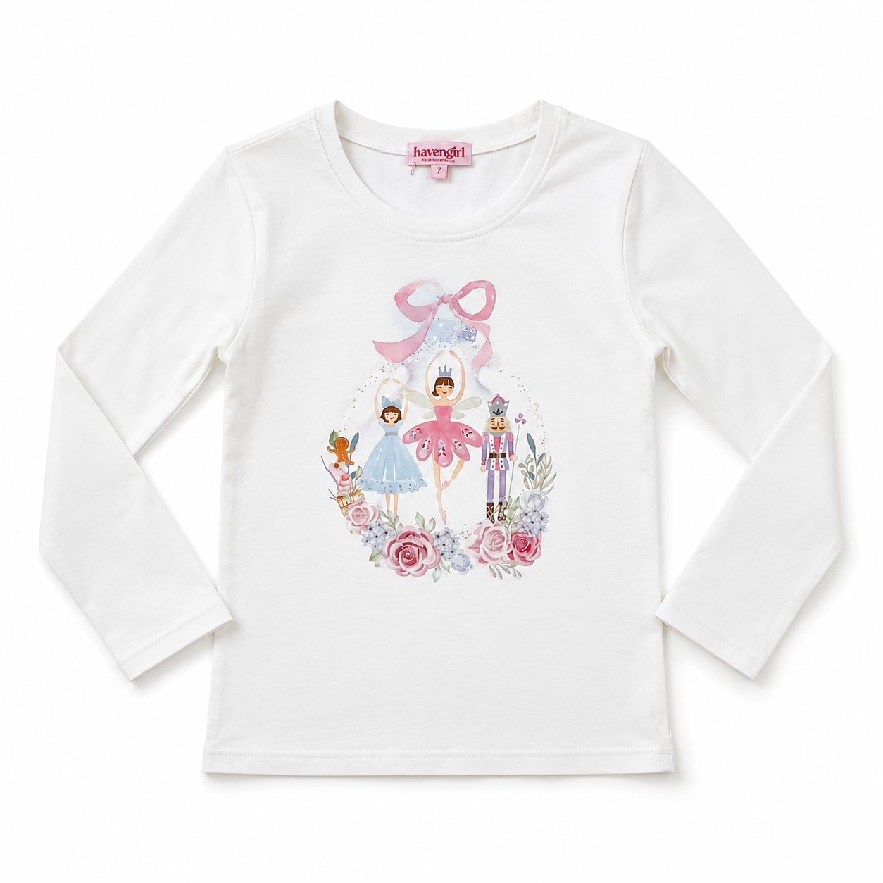 White long sleeve with Nutcracker theme graphic in pastel colors