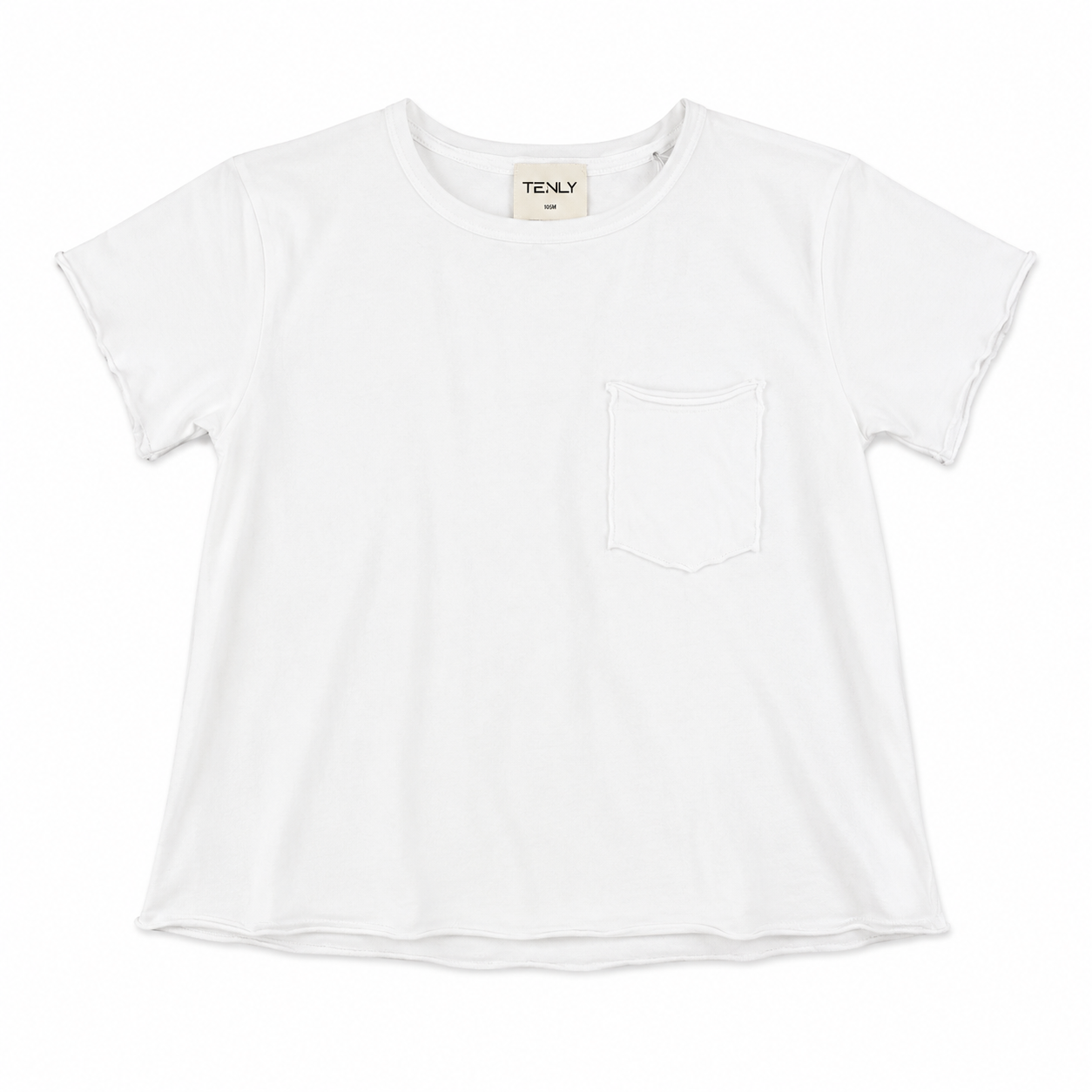 White t-shirt with a brand label on a white background