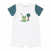 White baby romper with teal sleeves featuring a frog design on a white background