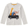 A light heather gray long-sleeve t-shirt for kids, featuring a colorful cartoon graphic of safari animals (giraffe, zebra, elephant, fox) riding in a black convertible car.