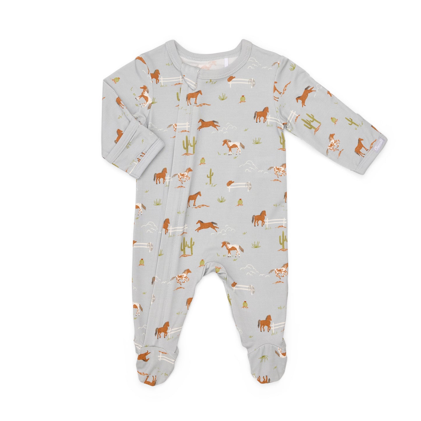 Baby footie with horse pattern on a grey background with zipper