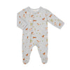 Baby footie with horse pattern on a grey background with zipper