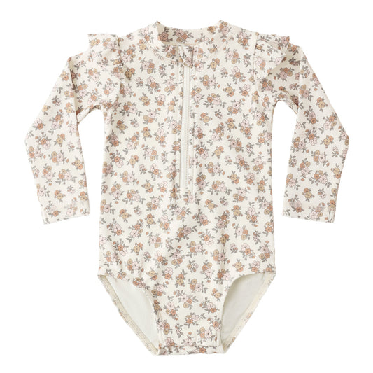 Floral-patterned baby swimsuit with long sleeves and a zipper 