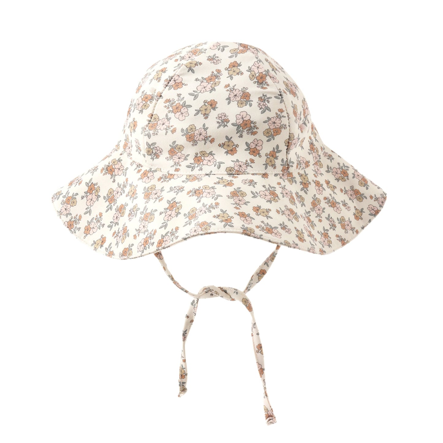 Floral patterned baby hat with chin tie.