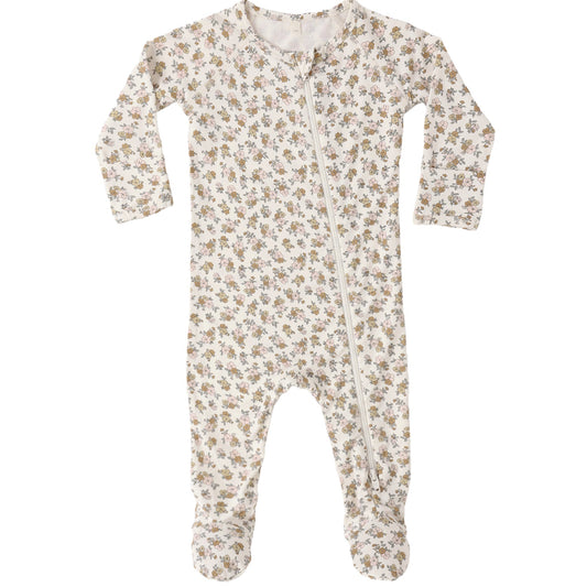 Floral-patterned baby footie with zip closure