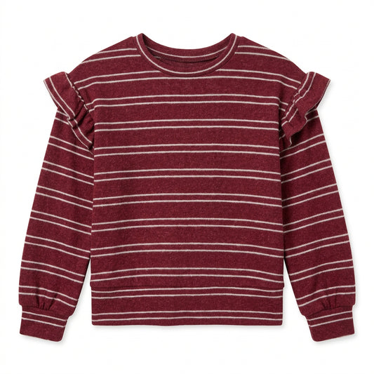 A tween long-sleeve knit top in maroon with thin white horizontal stripes, featuring ruffle details on the shoulders and cuffs. 