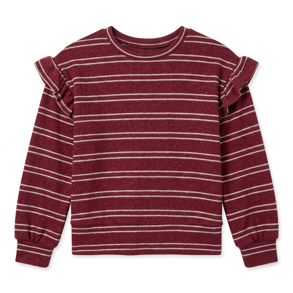A tween long-sleeve knit top in maroon with thin white horizontal stripes, featuring ruffle details on the shoulders and cuffs. 