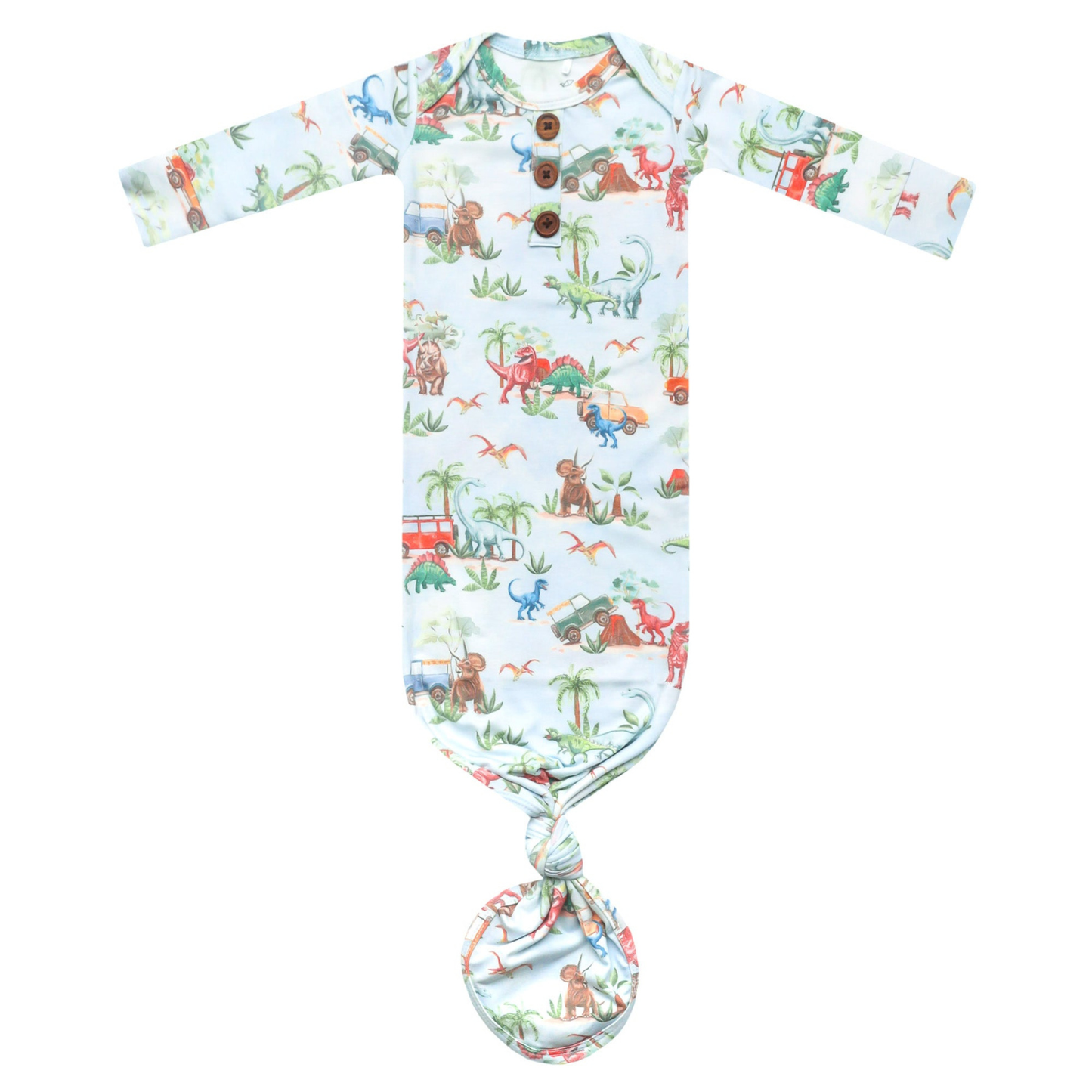 Dinosaur print baby gown with knotted bottom