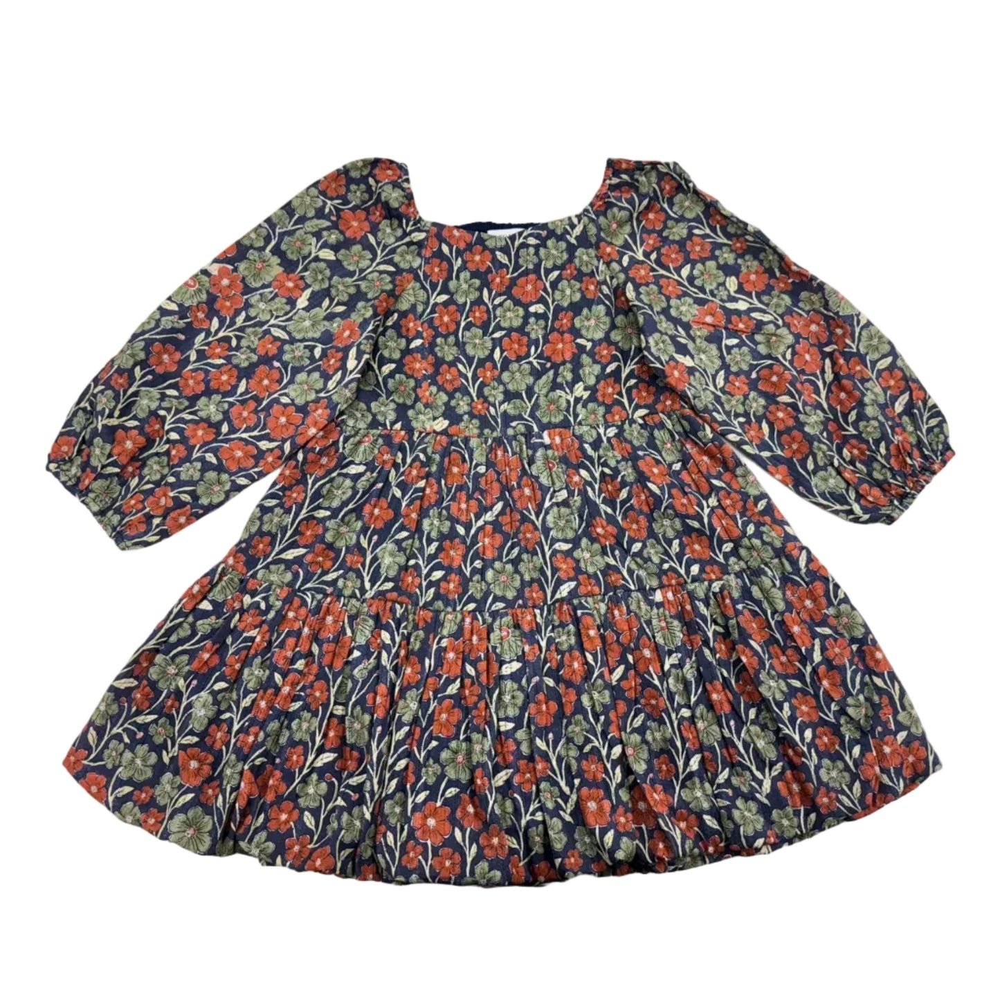 A vintage-style long-sleeve dress with a dense floral and vine pattern in red, orange, green, and cream on a dark navy background.