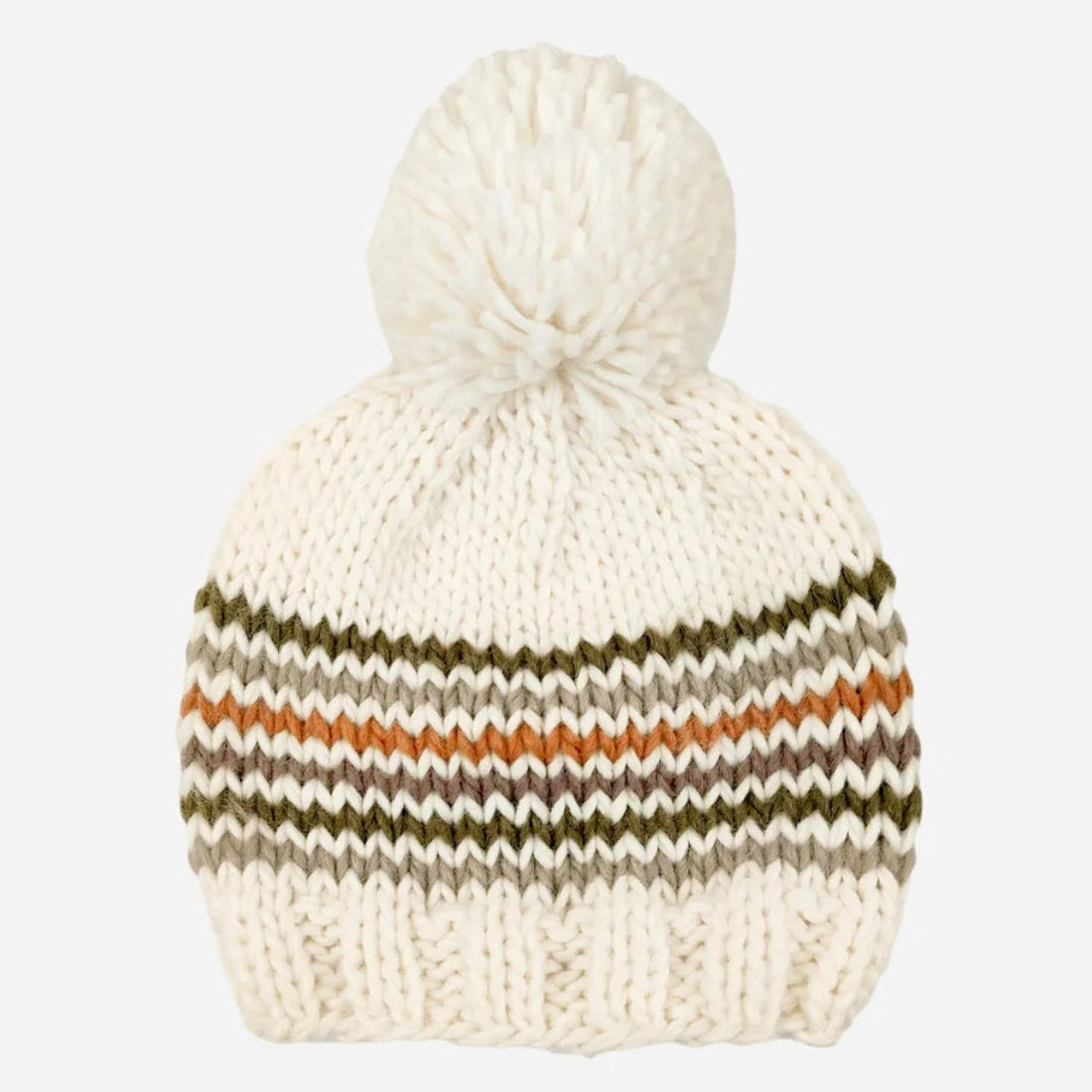 An off-white chunky knit pom-pom beanie with horizontal zigzag stripes in olive green, brown, and orange, shown against a light gray background.