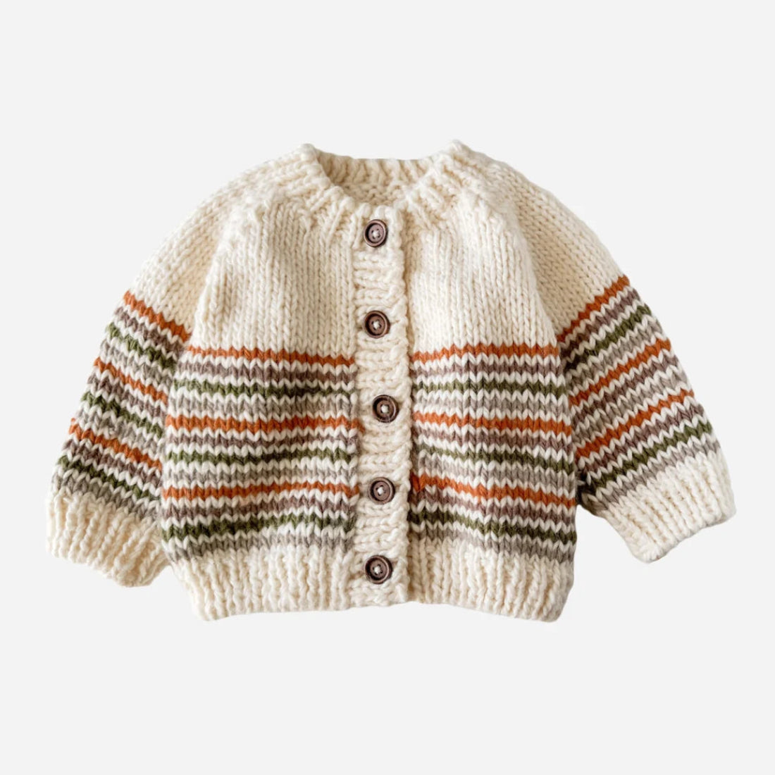 Knitted cardigan with striped sleeves on a white background