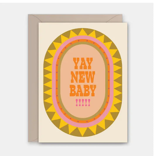 Greeting card with 'Yay New Baby' text on a decorative background