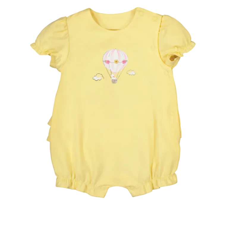 Yellow baby romper with hot air balloon design