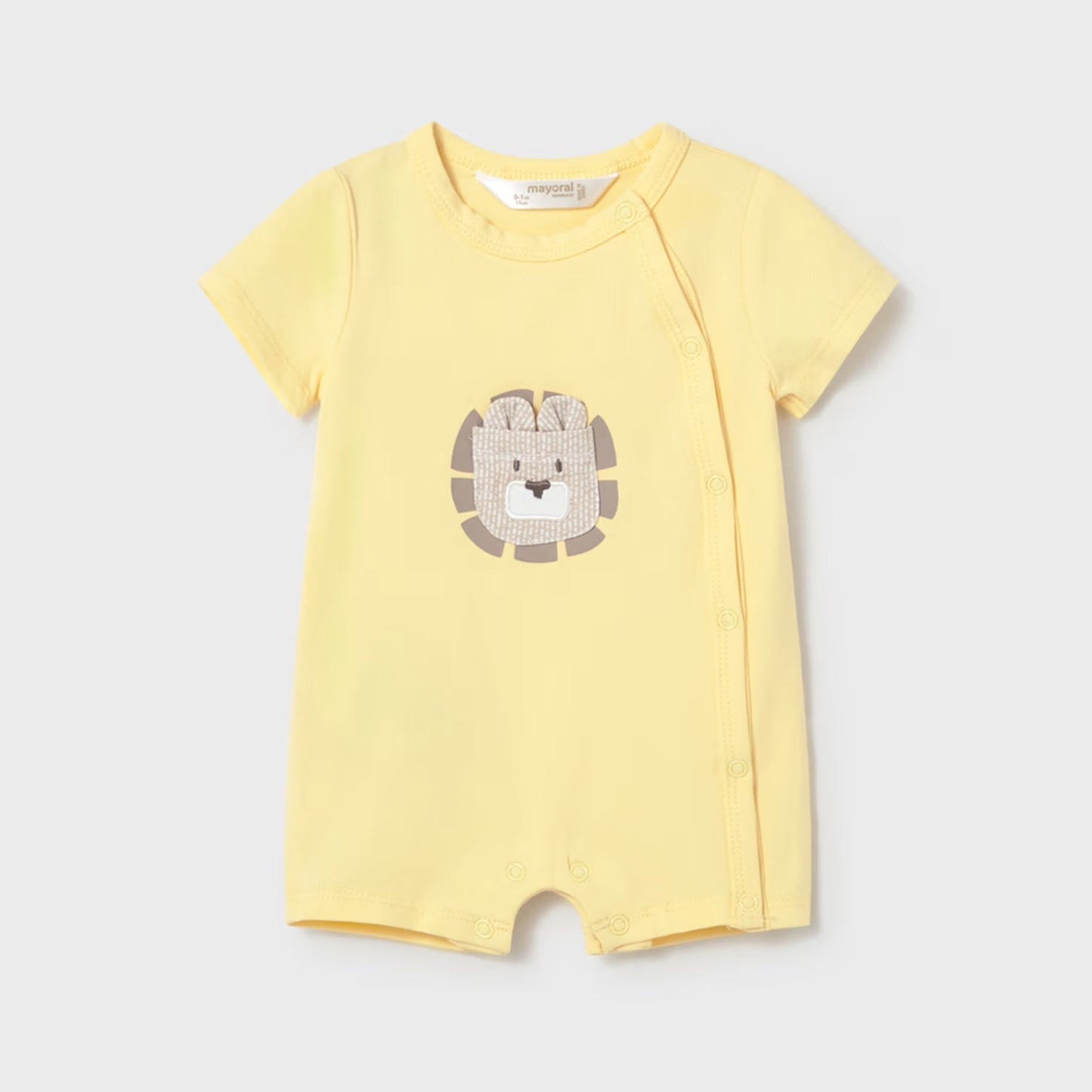 Yellow baby romper with a lion design
