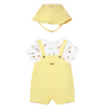 Baby outfit set with yellow romper, white shirt with animal print, and yellow hat 