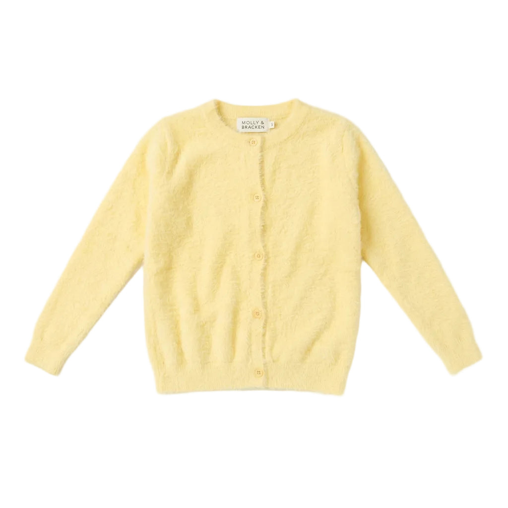 A light yellow long-sleeve knit cardigan sweater