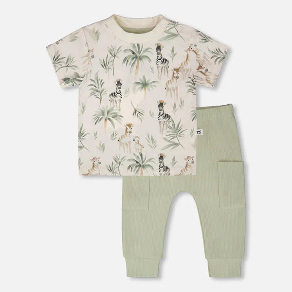 Zebra pattern on white tee, with sage green ribbed pants
