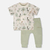 Zebra pattern on white tee, with sage green ribbed pants