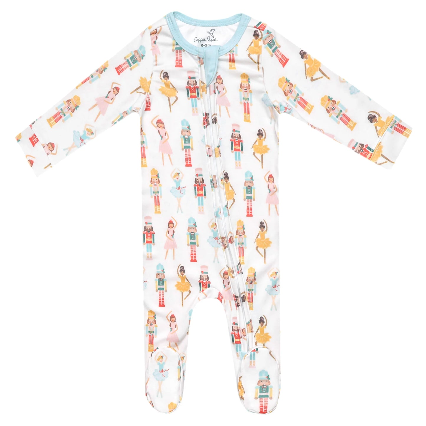 Baby onesie with colorful pattern on a white background