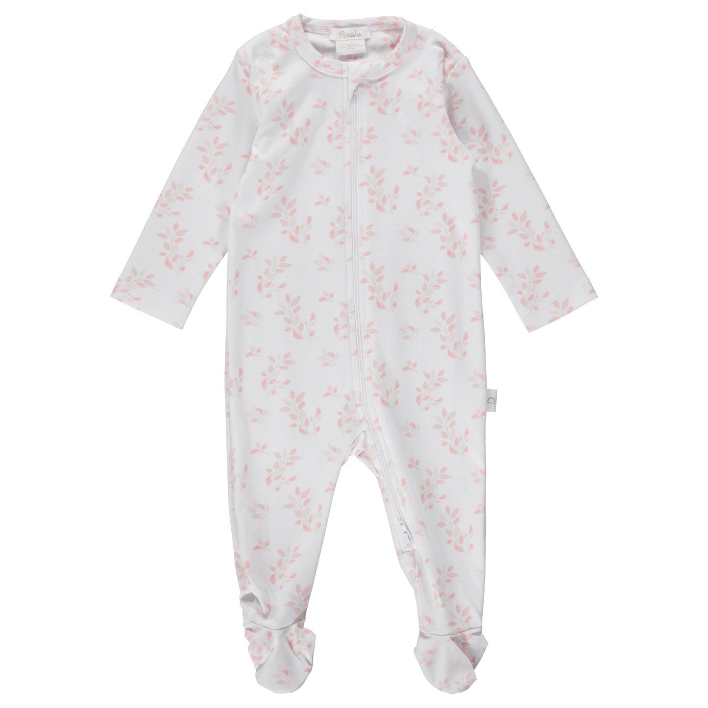 Baby footie with floral pattern on a white background