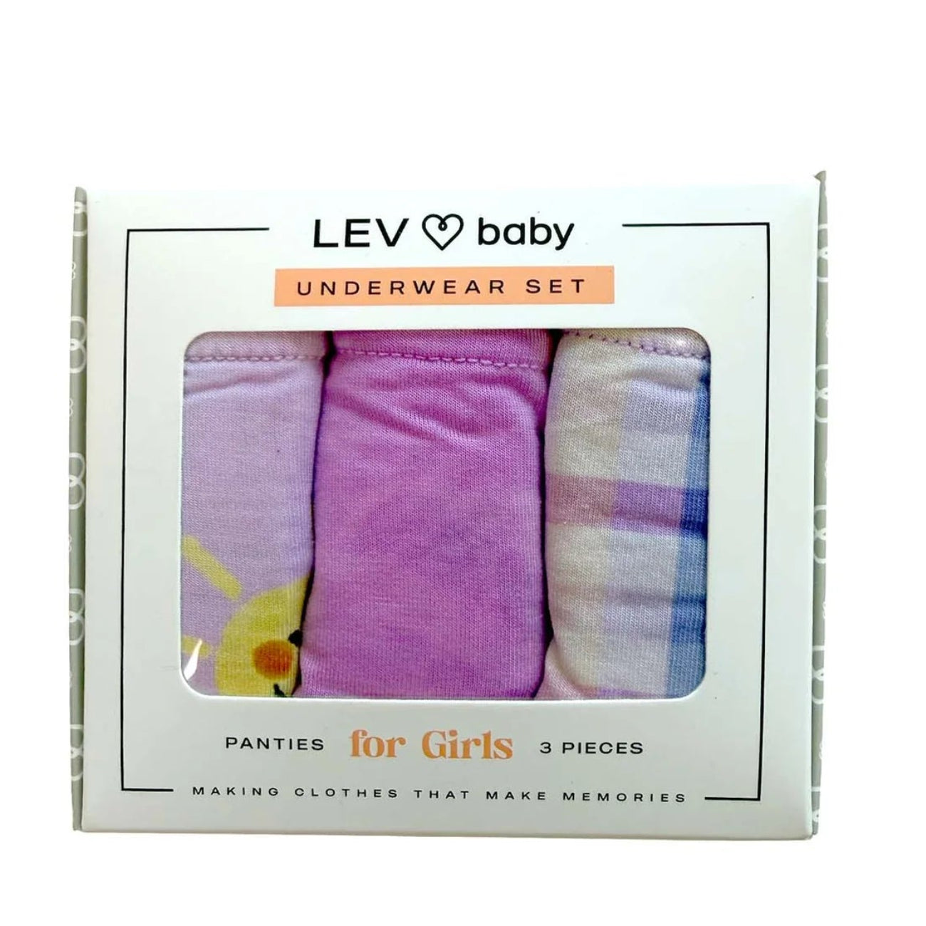 LEV baby underwear set packaging with three pieces of underwear displayed.