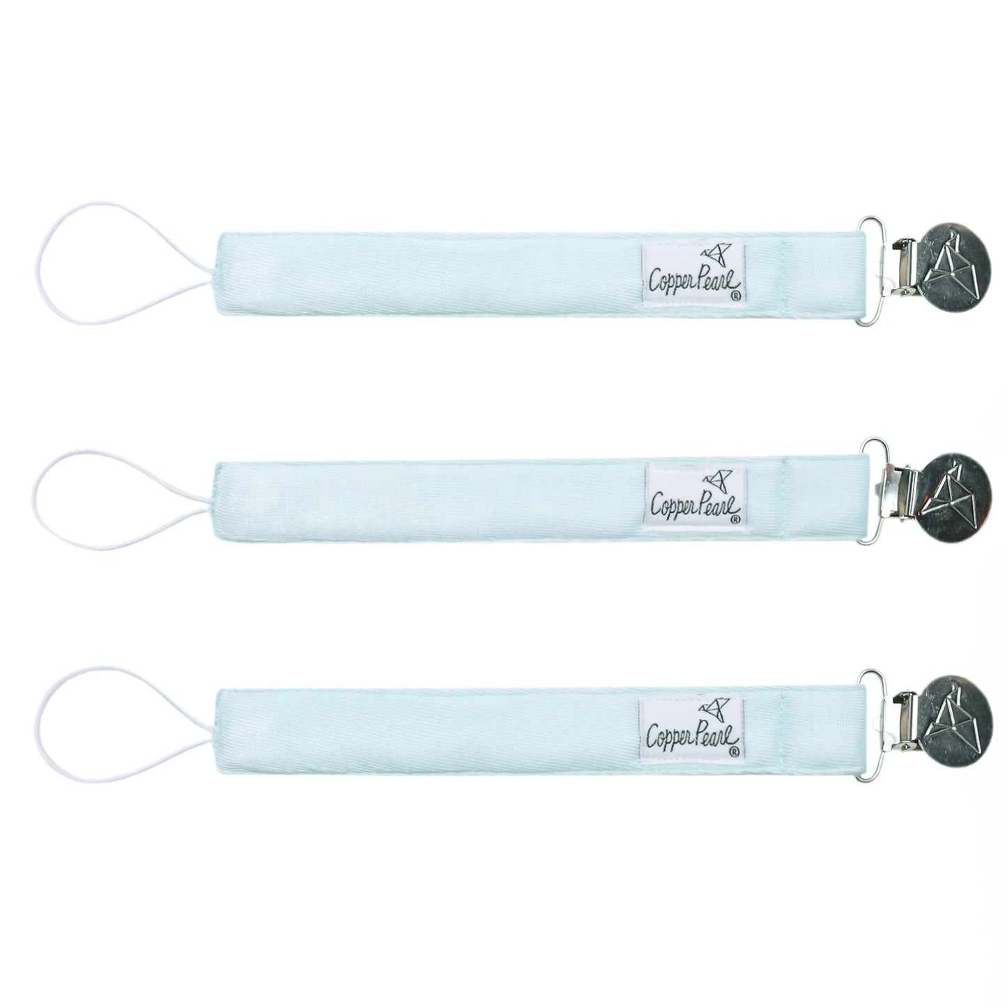 Three light blue pacifier clips with a brand logo on a white background