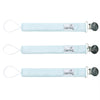 Three light blue pacifier clips with a brand logo on a white background