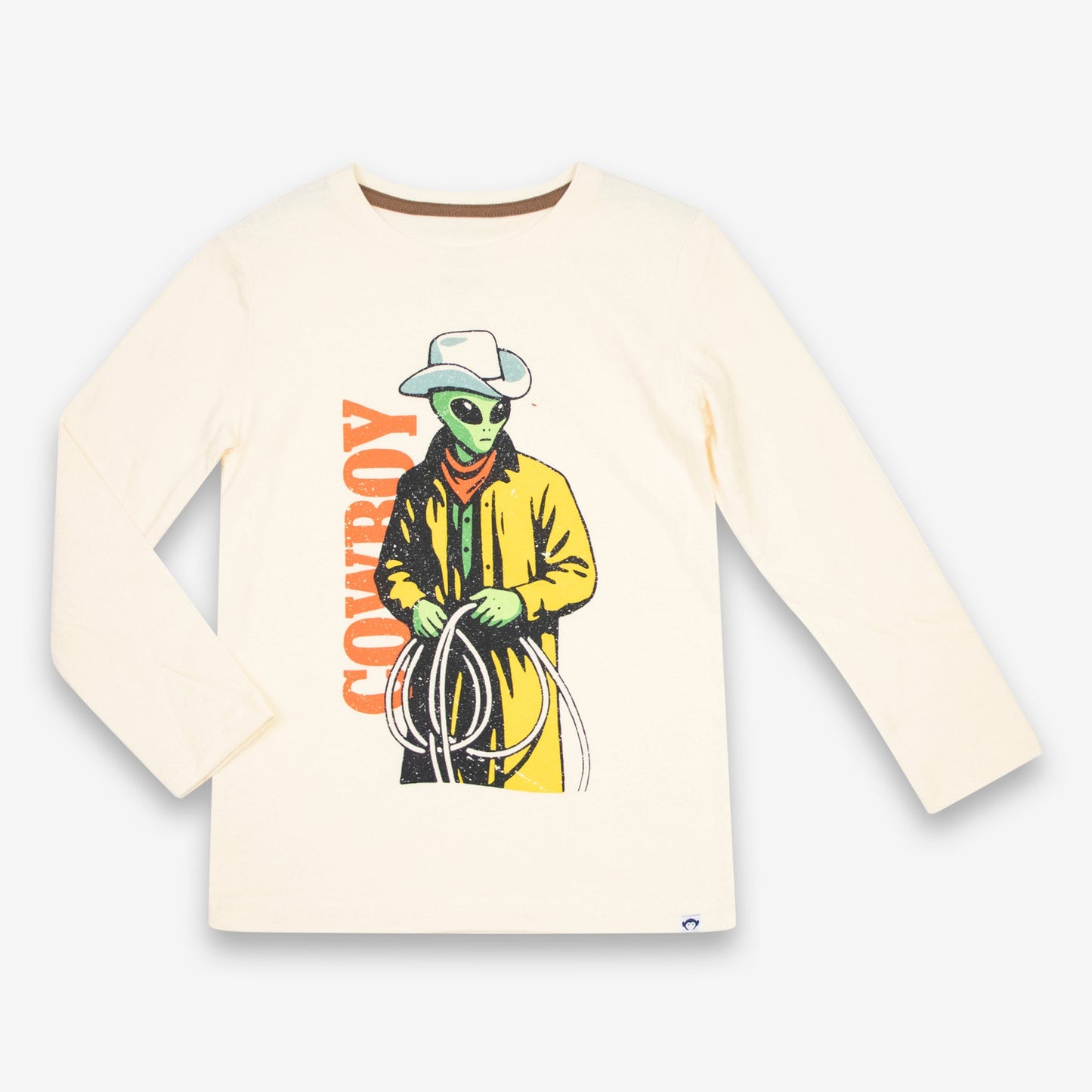 Boys ivory graphic long sleeve tee with alien cowboy design
