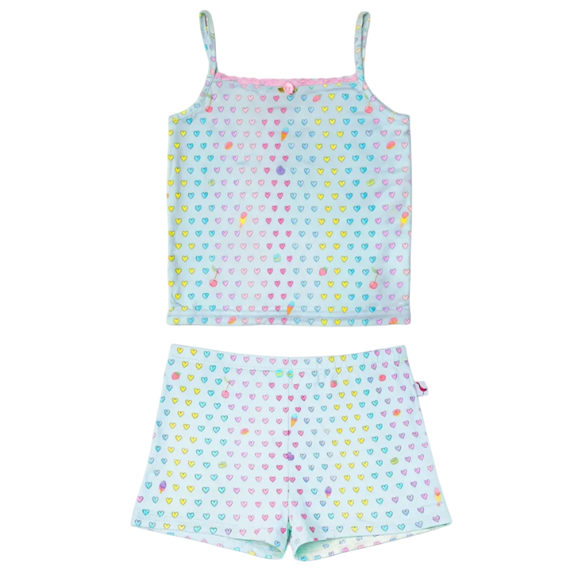 Blue pajama set with mutli colored heart pattern