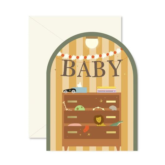 Illustrated baby shower card with a dresser and 'BABY' text on a striped background