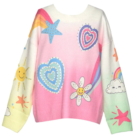Colorful sweater with heart, star, and flower designs on a white background