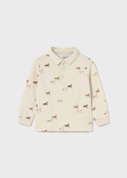 long-sleeve polo shirt with horse pattern on a light background
