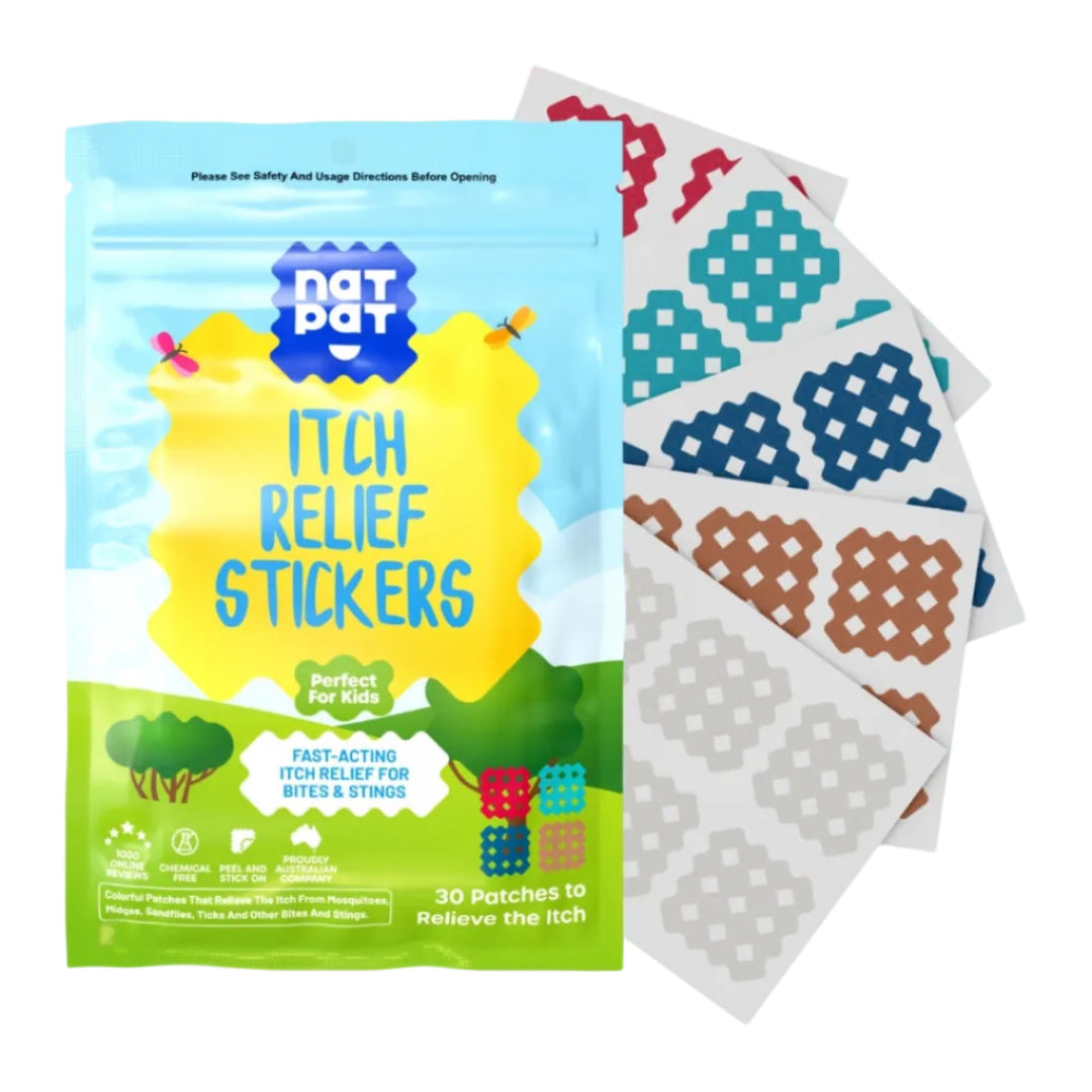 NAT-PAT itch relief stickers packaging with samples on a blue background
