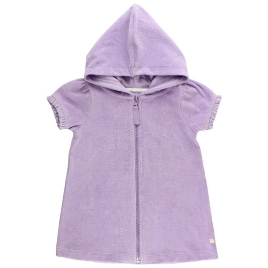 Purple hooded dress with short sleeves on a white background