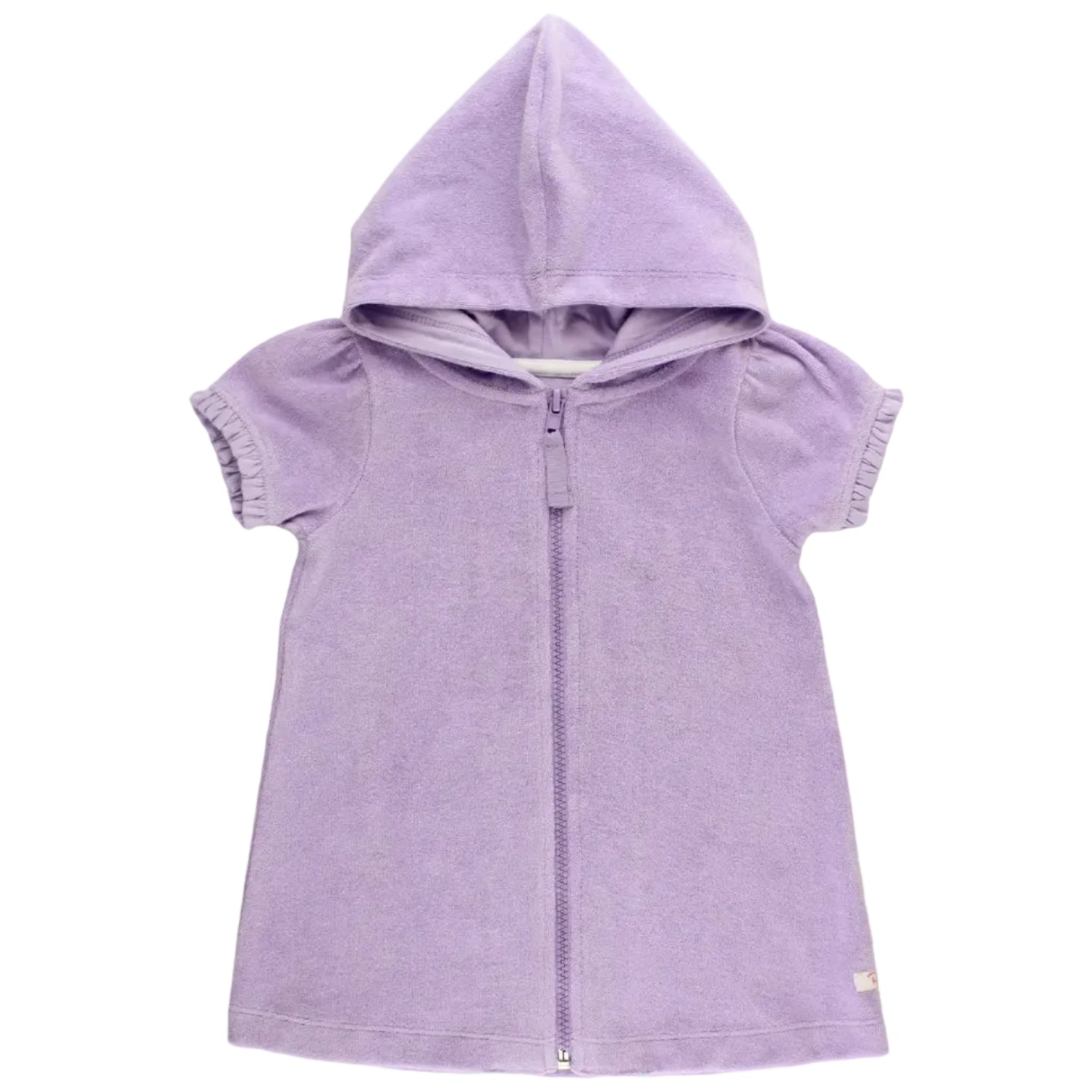 Purple hooded dress with short sleeves on a white background