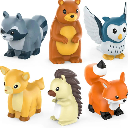 Set of six animal figurines including a raccoon, bear, owl, deer, hedgehog, and fox on a white background.